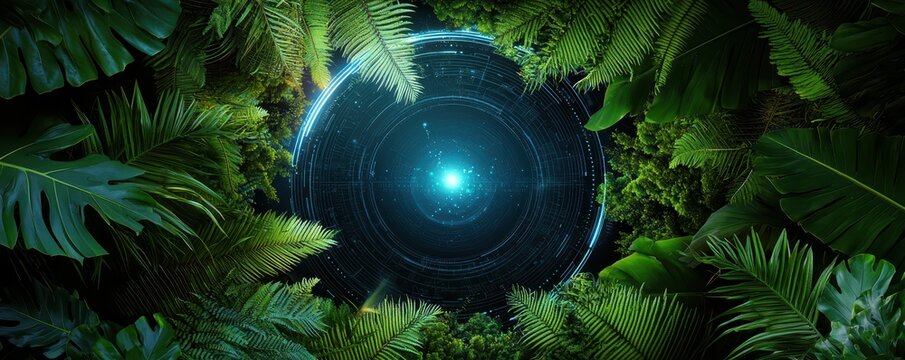 A glowing, futuristic portal surrounded by lush green jungle leaves and vibrant tropical plants.