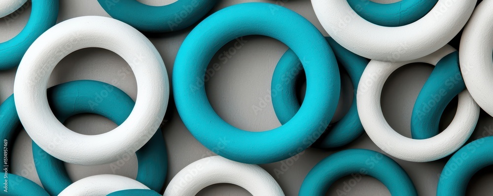 Aufkleber Blue and white 3D rings overlapping each other on a gray background, creating a modern abstract pattern.