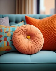 Ein rundes Kissen mit Knopfdetail auf einer strukturierten Couch – verspielte Formen treffen klare Linien.