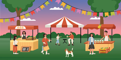 Picnic on summer holiday. Vibrant farmers market scene with people, food stalls, and a lively atmosphere . Street food. Foodfestive. Carnaval. 