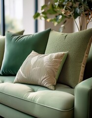 Detailansicht einer modernen grünen Couch mit strukturierten Dekokissen in neutralen Farben