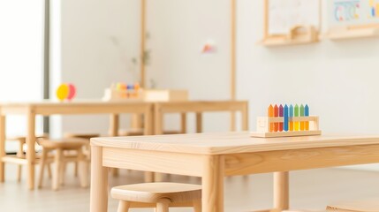 Fototapeta premium Bright and airy classroom with small wooden tables and chairs, crayons, and educational toys. Concept of early childhood education, learning, and play.