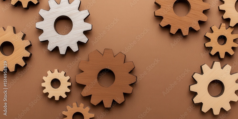 Poster various wooden gears interlock on a brown background, symbolizing teamwork, engineering, and mechani