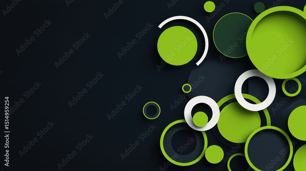 Poster Abstract green and white circles overlap on a dark background, creating a modern, dynamic geometric design.