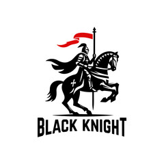 A knight riding horse with red banner 