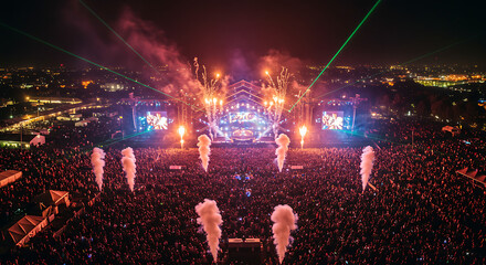 Spectacular Aerial View of Outdoor Music Festival with Fireworks and Crowd