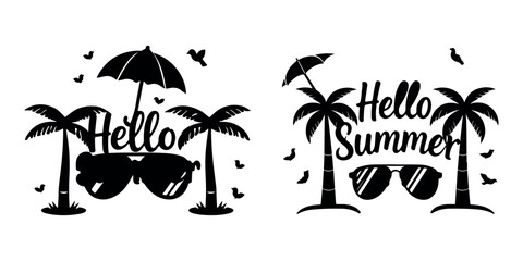 hello Summer Element Collection with Tropical Beach Icons and Vacation Essentials, palm tree, sunglass, umbrella.