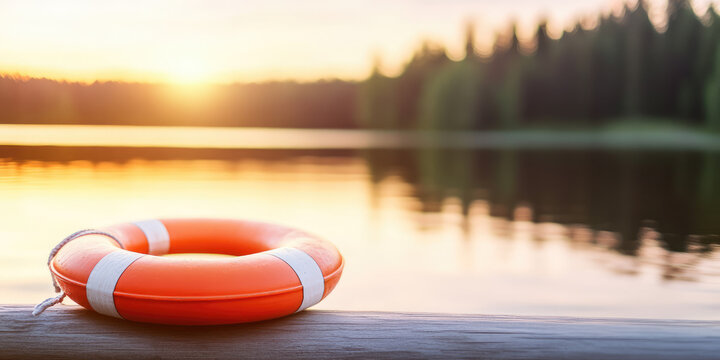 An orange lifebuoy rests on a wooden railing by a calm lake during sunset. Safety and tranquility by the water