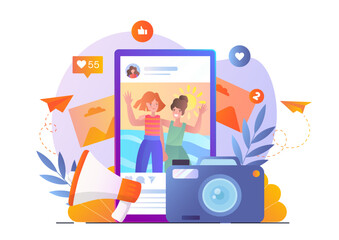 Two women posing on vacation snapshot inside smartphone screen, surrounded by media icons, camera, megaphone, and paper planes on white background. Concept of social media sharing. Vector illustration