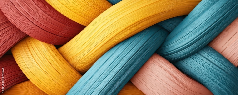 Poster abstract close-up of colorful intertwined strands in red, yellow, blue, and peach, creating a vibran