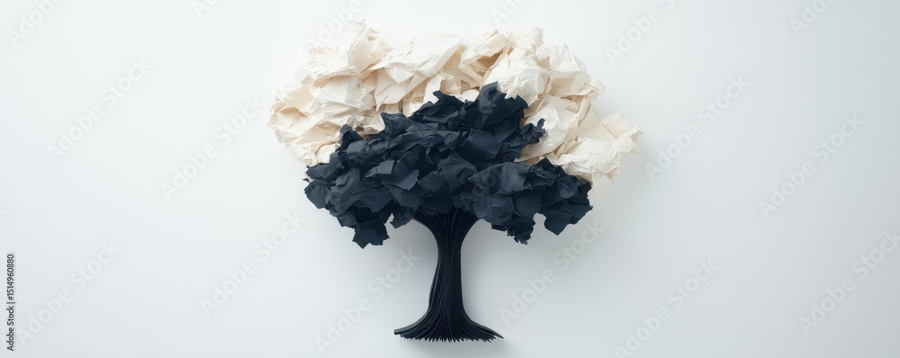 Poster a tree made from crumpled black and white paper symbolizes contrast and creativity against a plain b