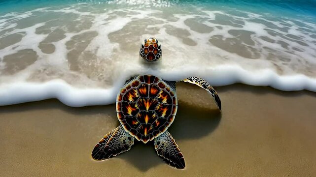 Sea turtle on sandy beach with waves