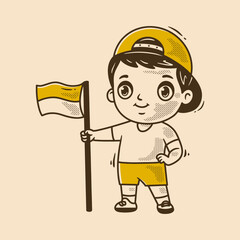 Retro boy character wearing a hat holding a small flag