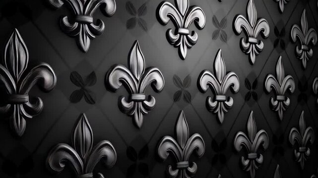 Elegant fleur-de-lis pattern in silver and black creating a rich, textured background design.