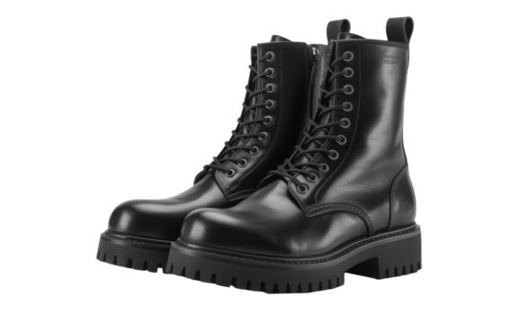 A pair of black leather combat boots shoe for rugged or military fashion style, Isolated Transparent Background