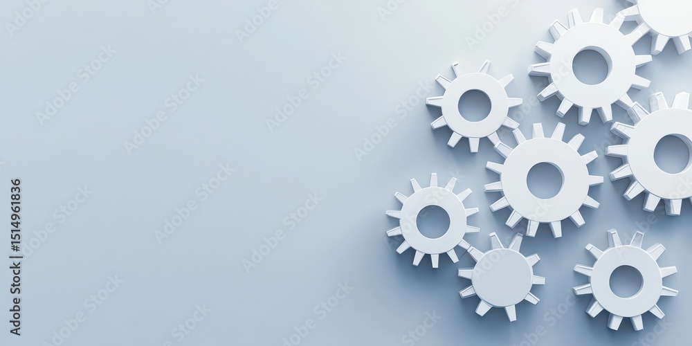 Poster white gears interlocking on a light blue background, symbolizing teamwork, engineering, and mechanic