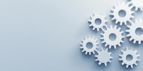 White gears interlocking on a light blue background, symbolizing teamwork, engineering, and mechanical processes.