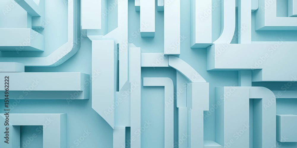 Poster Abstract 3D geometric shapes form a modern, maze-like pattern in soft blue tones, creating a futuristic and minimalistic visual effect.