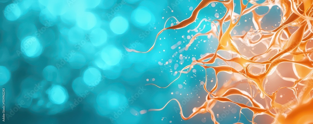 Poster Abstract orange neural network shapes on a blue bokeh background create a dynamic and scientific visual effect.