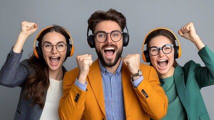 Excited Group Cheering with Headphones On