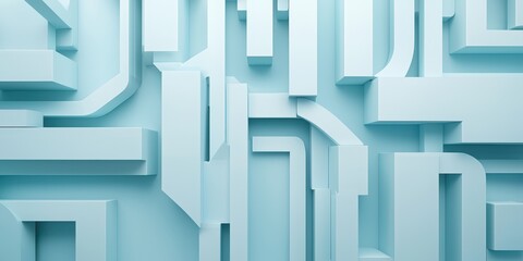 Fototapeta premium Abstract 3D geometric shapes form a modern, maze-like pattern in soft blue tones, creating a futuristic and minimalistic visual effect.
