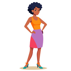  Confident Fashionable Woman with Curly Hair Standing Vector Illustration