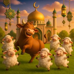 Eid al-Adha Celebration. Joyful cow and sheep celebrating Eid al-Adha in front of a mosque. A festive scene of sacrifice and blessings.