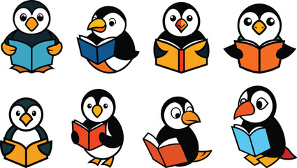 Penguin Reading Book Logo Set Vector Illustration