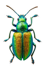 Detailed macro shot of a striking, iridescent beetle with vibrant metallic colors on display.