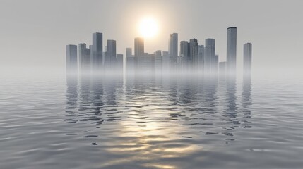 Fototapeta premium City skyline reflected in a misty ocean.