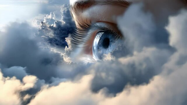 Surreal eye peering through white and gray clouds, ethereal dreamscape, fantasy, visionary concept with blue iris and natural eyelashes.