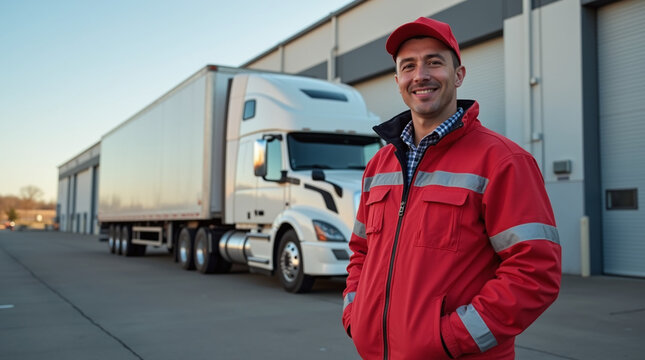 A truck driver in a red reflective jacket standing in front of a semi-truck parked outside a warehouse on a clear, sunny afternoon. The pavement is dry, and the setting feels crisp and professional