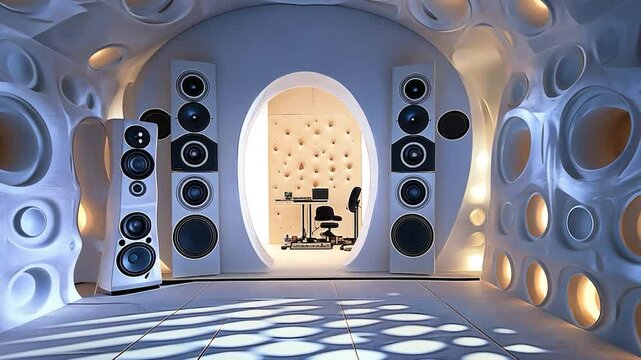 Modern soundproof room with sculpted walls and speakers