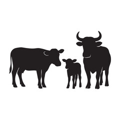 Silhouette of Bovine Family: A striking silhouette showcases a bovine family, highlighting the simple forms and gentle connections of a cow, calf, and bull.
