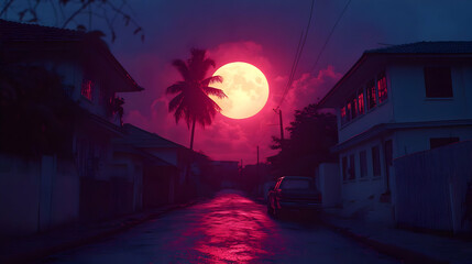 Pink Moon Night Street Illustration