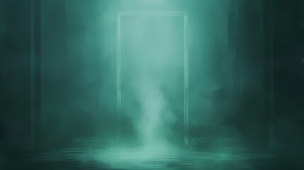 Fototapeta premium Eerie, foggy hallway with a mysterious door. Concept of mystery, suspense, the unknown, and secrets.