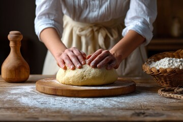 A person kneads dough on a wooden board flour scattered with wooden containers and a basket filled with flour nearby