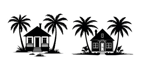 Obraz premium Silhouette of Beach House with Palm Trees Under Sunset Sky, Perfect for Tropical and Summer Designs white background.
