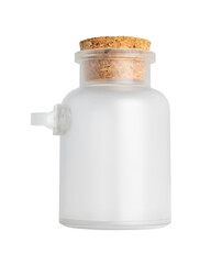 Empty transparent frosted glass jar with cork lid isolated on transparent background for packaging or product mockup