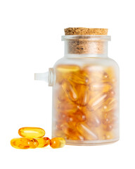 Frosted glass jar with cork lid filled with fish oil capsules and some outside on white background