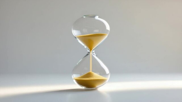 Elegant glass hourglass filled with golden sand, showcasing a serene minimalist design against a softly lit background, emphasizing the passage of time and tranquility.