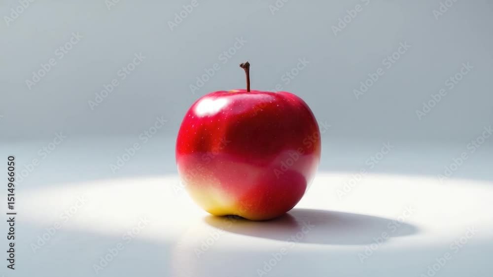 Poster shiny red apple with a smooth surface and a gentle gradient, resting on a bright white surface illum