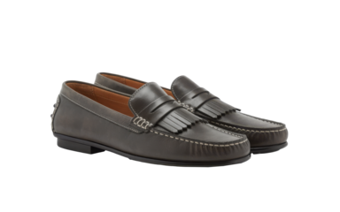 A pair of dark grey leather loafers shoe for formal or casual fashion wear, Isolated Transparent Background