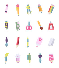 School inspired hand drawn scandinavian style stationery and educational tool set designed for learning, classroom writing, pens, scissors, artistic and creative knowledge projects