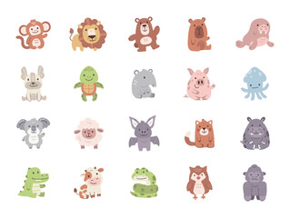 Cute animal character set showcasing scandinavian cartoon style with farm sea domestic creatures and friendly emotions for yours illustration and creative designs projects