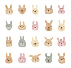 Charming cartoon bunny face set created for and scandinavian style with cute animal friendly character head for yours illustration and creative designs projects