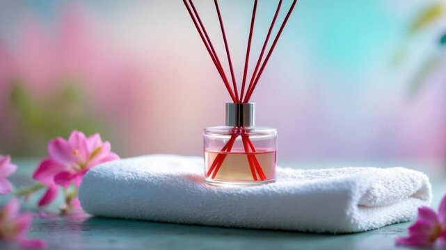 Aromatic reed diffuser on a soft towel surrounded by vibrant pink flowers, set against a softly blurred pastel background, enhancing a calming and elegant ambiance.
