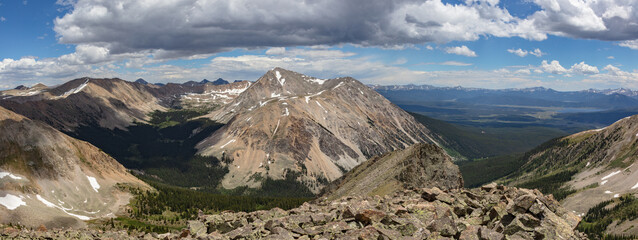 Panorama of Sawatch Range peaks including Colorado 13er Jenkins Mountain.  Taylor Park and Taylor Reservoir are visible below.
