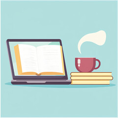 Fototapeta premium Digital Library Serenity: Experience the tranquil fusion of traditional reading and modern technology with an open book on a laptop screen, accompanied by a steaming mug and stacked books.