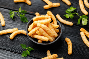 Prawn cracker sticks, fingers. Shrimp crispy snack in a bowl